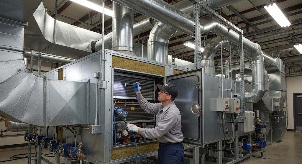technician performing maintenance on an air handling unit
